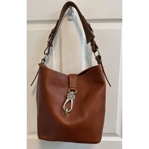 Dooney & Bourke Pebble Grain Leather Logo Lock Shoulder Bag Caramel Key Fob